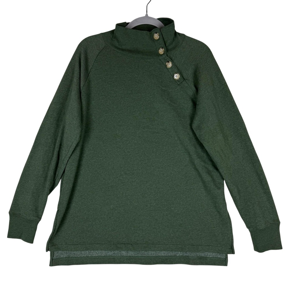 J.Crew Sweatshirt Womens Medium Green Mock‎ Neck Button Fleece Tunic Pullover